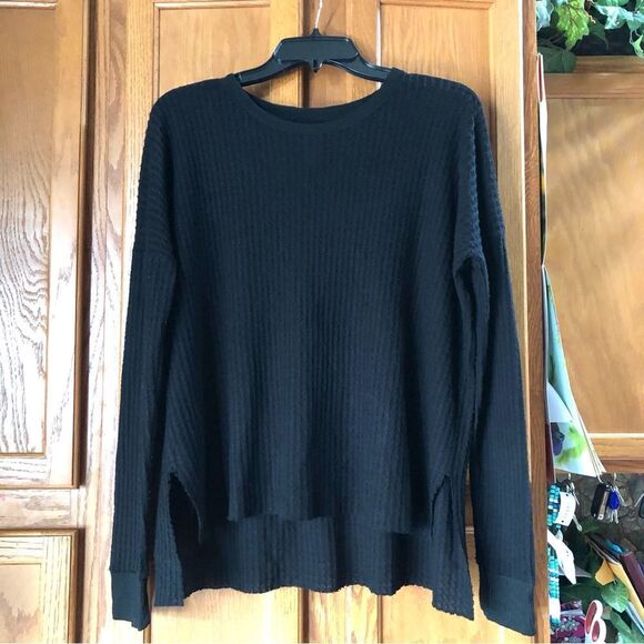 NSF Black Oversized Distressed Waffle Knit Scoop Neck Sweater Hi-Lo Hem - S - Picture 1 of 9